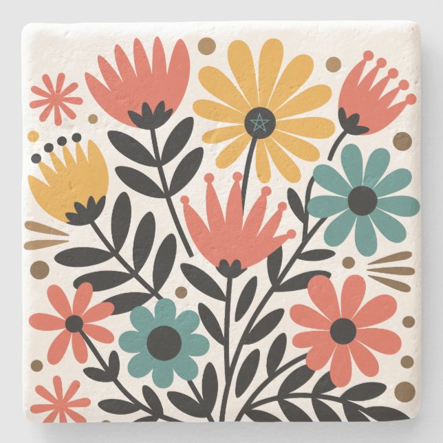 Create Your Own Colourful Retro Whimsical Floral Stone Coaster (Front)