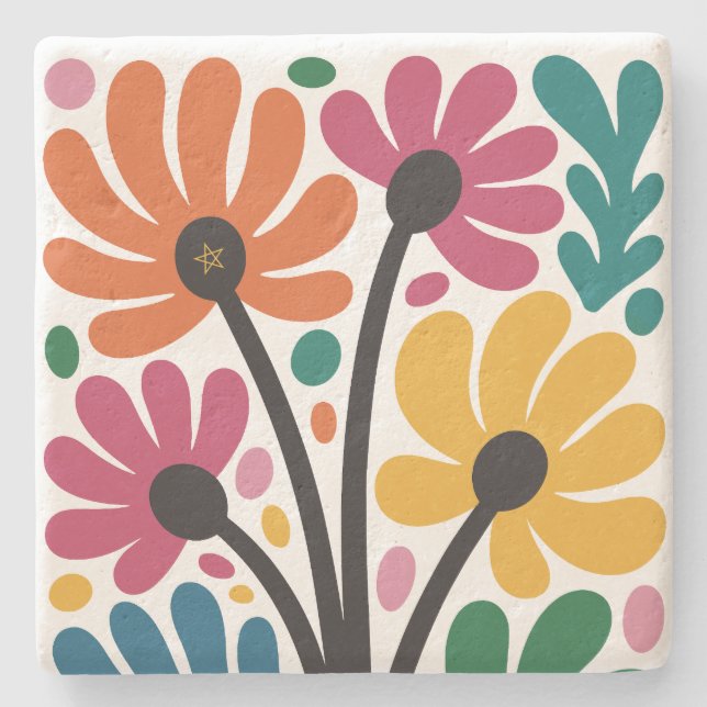 Create Your Own Colourful Retro Whimsical Flowers Stone Coaster (Front)