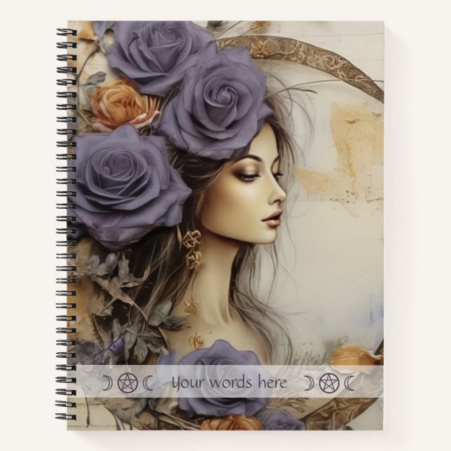 Create Your Own Crescent Moon Maiden Floral Roses Notebook (Front)