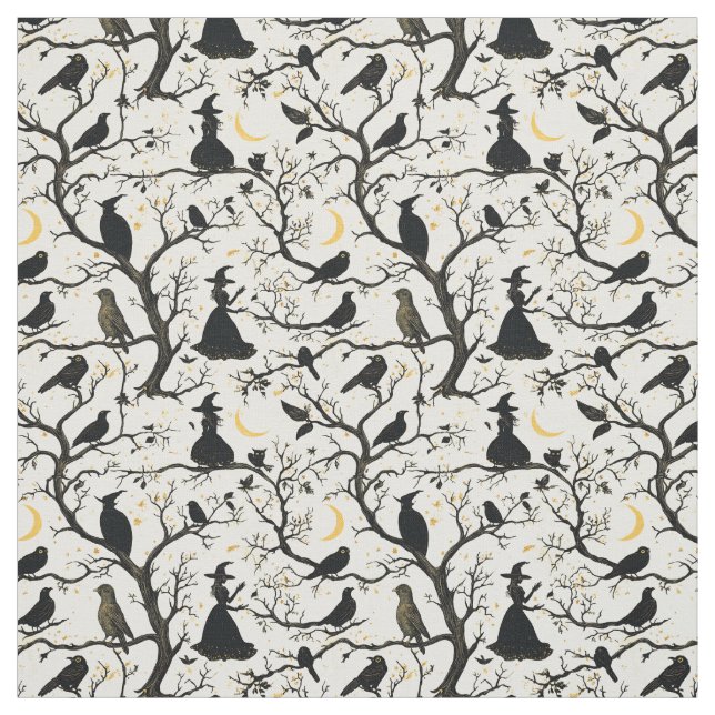Create Your Own Crescent Moon Witch Ivory Toile Fabric (Swatch)