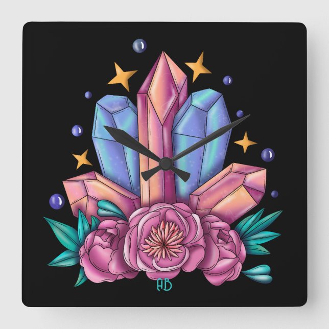 Create Your Own Crystals & Roses Square Wall Clock (Front)