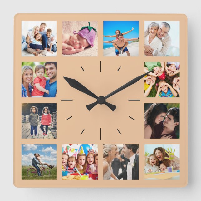 Create Your Own Custom 12 Photo Collage Keepsake Square Wall Clock (Front)