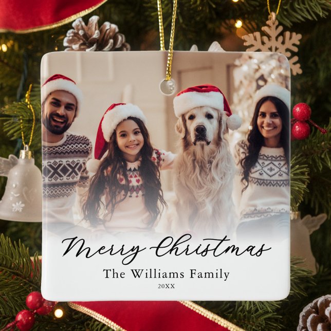 Create Your Own Custom 2 Photo Merry Christmas Ceramic Ornament (Creator Uploaded)