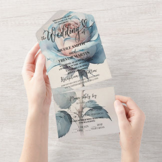 Create Your Own Custom Blue Watercolor Rose All In One Invitation