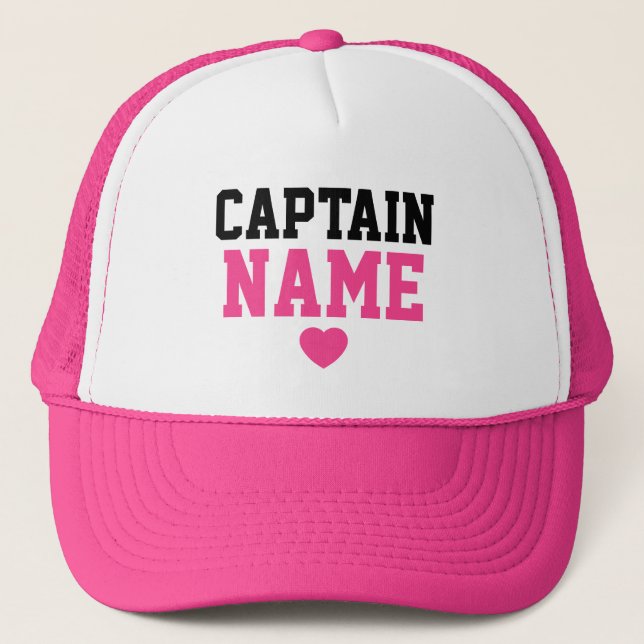 Create Your Own Custom Captain Name Pink Heart Trucker Hat (Front)