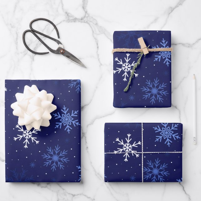 Create Your Own Custom Deep Blue Snowflakes Wrapping Paper Sheet (Front)