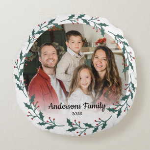 Create Your Own Custom Photo Family Name Christmas Round Cushion
