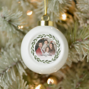 Create Your Own Custom Photo Family Name Leaf Reef Ceramic Ball Christmas Ornament
