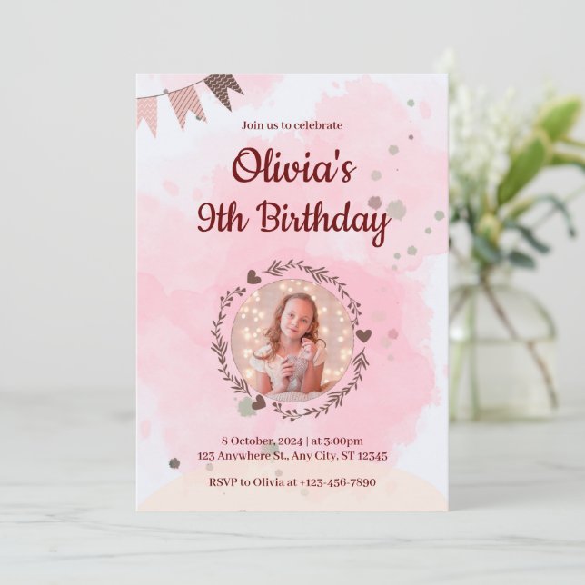 Create your own Custom Photo Girls Pink Birthday Invitation (Standing Front)