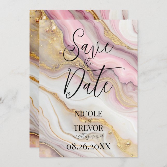 Create Your Own Custom Pink & Gold Alcohol Ink Save The Date (Front/Back)