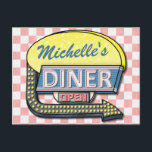 Create Your Own Custom Retro 50's Diner Sign 2 Postcard<br><div class="desc">Create your own custom, 1950's style diner sign postcards using this easy template. These cool retro postcards have a slightly distressed pink-and-white chequered background with a sign on top that says "DINER" and "OPEN" in neon with space for you to add your own first or last name - or any...</div>