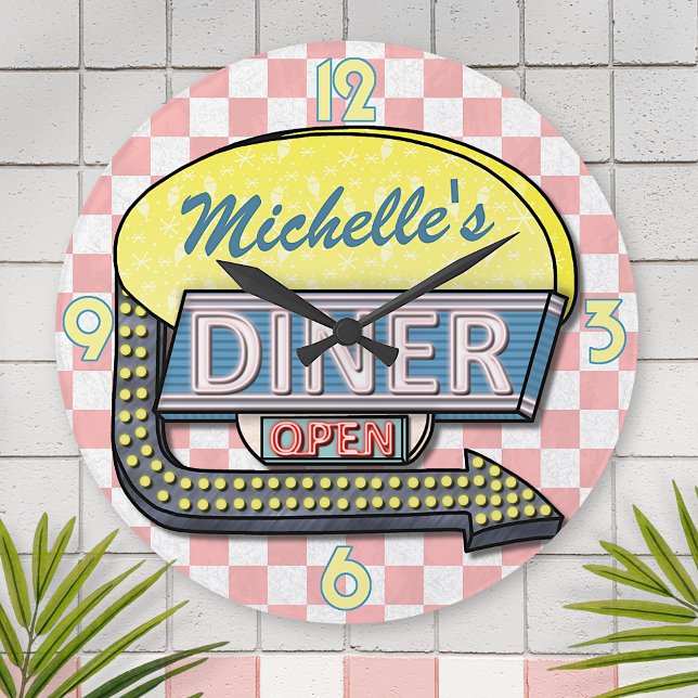 Create Your Own Custom Retro 50's Diner Sign 2 Round Clock (Creator Uploaded)