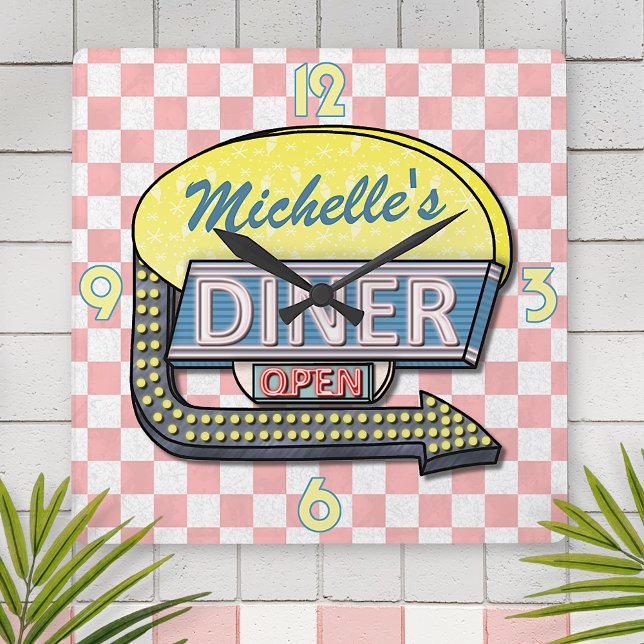 Create Your Own Custom Retro 50&#x27;s Diner Sign 4 Square Wall Clock (Creator Uploaded)