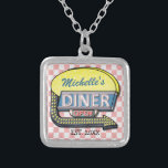 Create Your Own Custom Retro 50's Diner Sign Silver Plated Necklace<br><div class="desc">Advertise your diner everywhere you go with this cool, retro custom necklace. The design shows a 1950's style diner sign with a lighted arrow graphic and a slightly distressed pink-and-white chequered background. The sign says "DINER" and "OPEN" in neon with space for you to add your own first or last...</div>