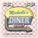Create Your Own Custom Retro 50's Diner Sign Square Paper Coaster<br><div class="desc">Create your own custom, 1950's style diner sign pulpboard paper coasters using this easy template. These cool retro coasters have a slightly distressed pink-and-white chequered background with a sign on top that says "DINER" and "OPEN" in neon with space for you to add your own first or last name -...</div>