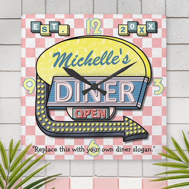 Create Your Own Custom Retro 50's Diner Sign Square Wall Clock (Creator Uploaded)
