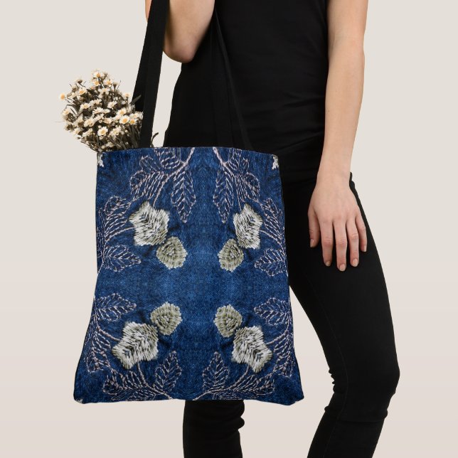 Create Your Own Custom Retro Embroidery Print Blue Tote Bag (Close Up)