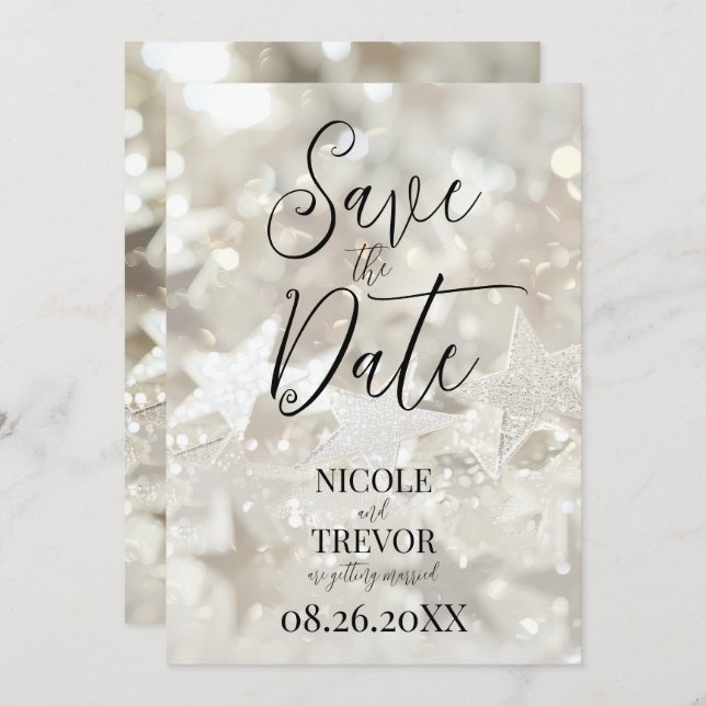 Create Your Own Custom Sparkling Ivory Stars Save The Date (Front/Back)