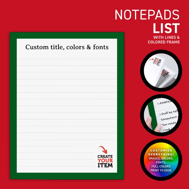 CREATE-YOUR-OWN Custom upload your design lined Notepad (Business & personal custom notepads: upload your own logo, photos or illustrations! Variety of fonts)