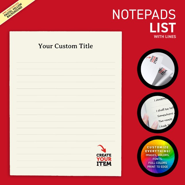 CREATE-YOUR-OWN Custom upload your design lined Notepad (Business & personal custom notepads: upload your own logo, photos or illustrations! Variety of fonts)