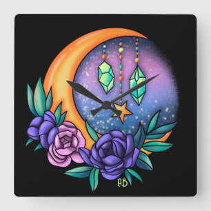 Create Your Own Cute Crystals, Moon & Roses Square Wall Clock
