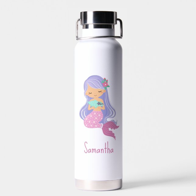 Create Your Own Cute Mermaid Girl Name Water Bottle (Back)