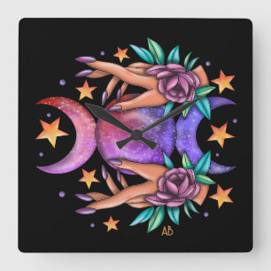 Create Your Own Cute Triple Moon Goddess & Roses Square Wall Clock