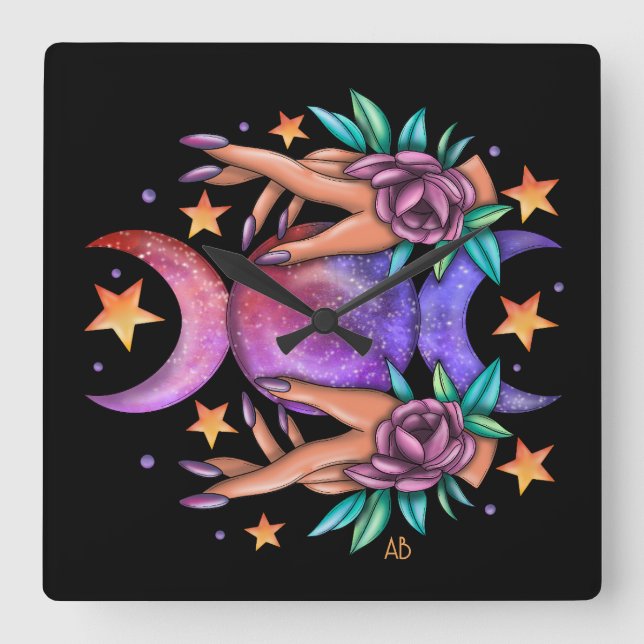 Create Your Own Cute Triple Moon Goddess & Roses Square Wall Clock (Front)
