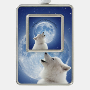 Create Your Own Cute Wolf Howls   Blue Moon Sky on Silver Plated Framed Ornament