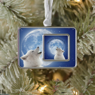 Create Your Own Cute Wolf Howls   Blue Moon Sky on Silver Plated Framed Ornament