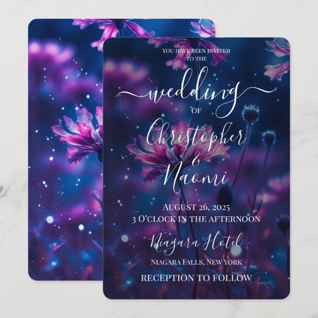 Create Your Own Dark Blue & Pink Flowers Wedding Invitation (Front/Back)