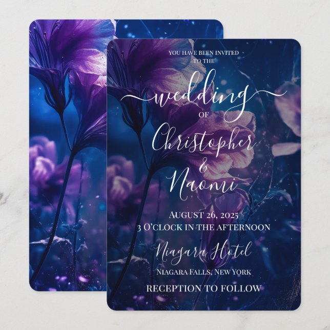 Create Your Own Dark Blue & Purple Flowers Wedding Invitation (Front/Back)