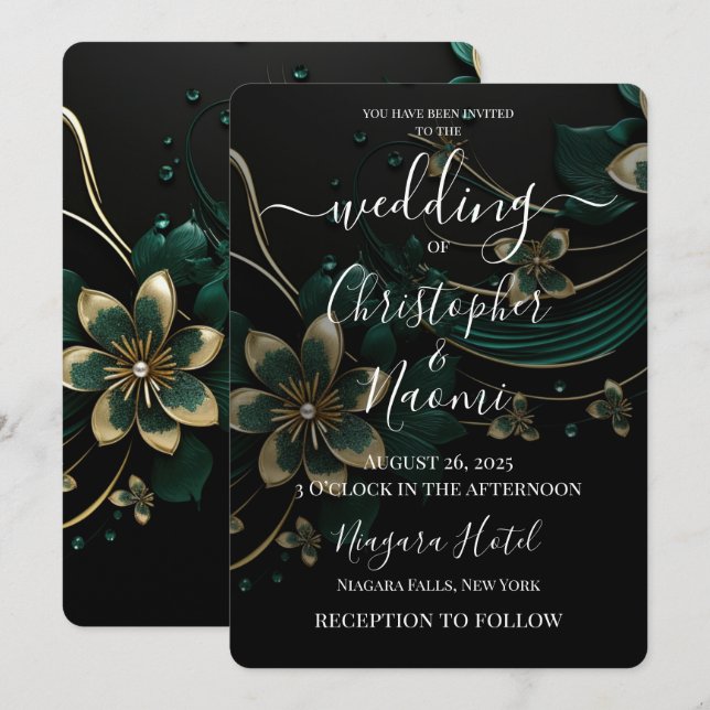 Create Your Own Dark Green & Gold Flowers Cascade Invitation (Front/Back)