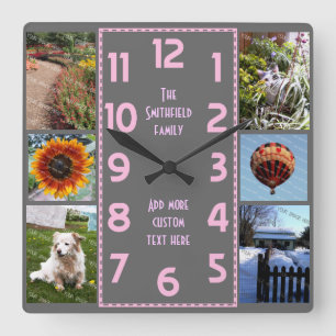 Create Your Own Deco 6 Photo Collage Pink Grey Square Wall Clock