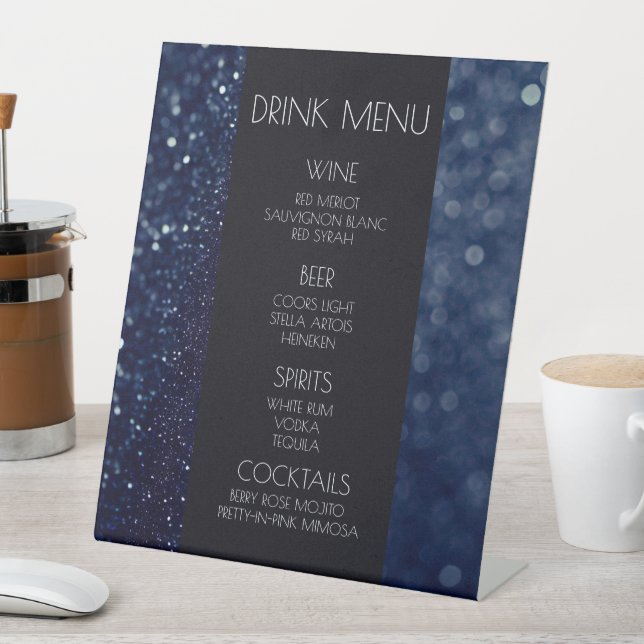Create Your Own - Deep Blue Glitter Drink Menu Pedestal Sign (In SItu)
