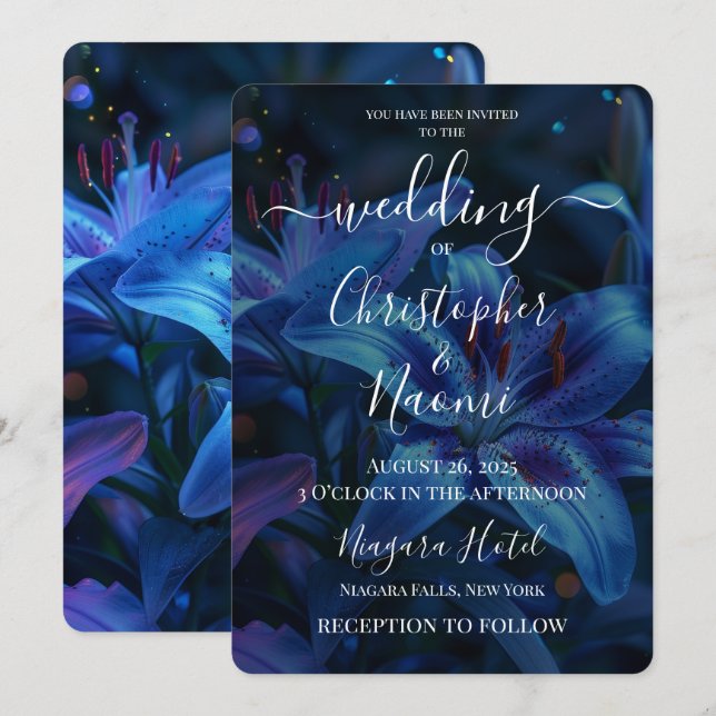 Create Your Own Deep Blue Lily Wedding Invitation (Front/Back)