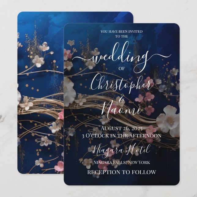 Create Your Own Deep Blue Scattered Flowers Invitation (Front/Back)