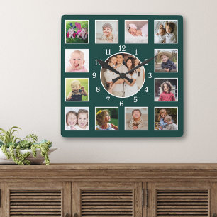 Create Your Own Deep Forest Green 13 Photo Collage Square Wall Clock