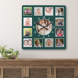 Create Your Own Deep Forest Green 13 Photo Collage Square Wall Clock