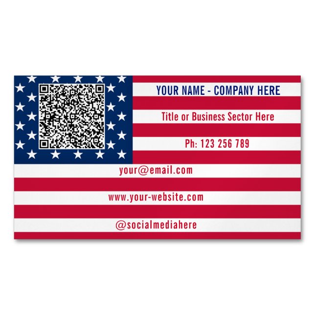 Create Your Own Design QR Code American Flag Magnetic Business Card (Front)