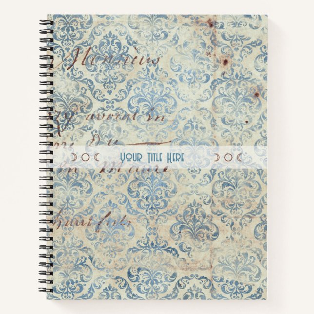 Create Your Own Distressed Blue Damask Love Letter Notebook (Front)