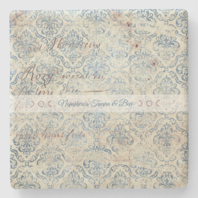 Create Your Own Distressed Blue Damask Love Letter Stone Coaster (Front)