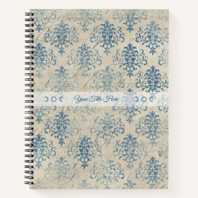 Create Your Own Distressed Vintage Blue Damask Notebook (Front)