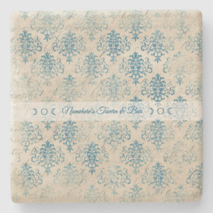 Create Your Own Distressed Vintage Blue Damask Stone Coaster