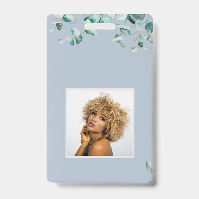 Create Your Own Dusty Blue Eucalyptus Leaves ID Badge (Front)