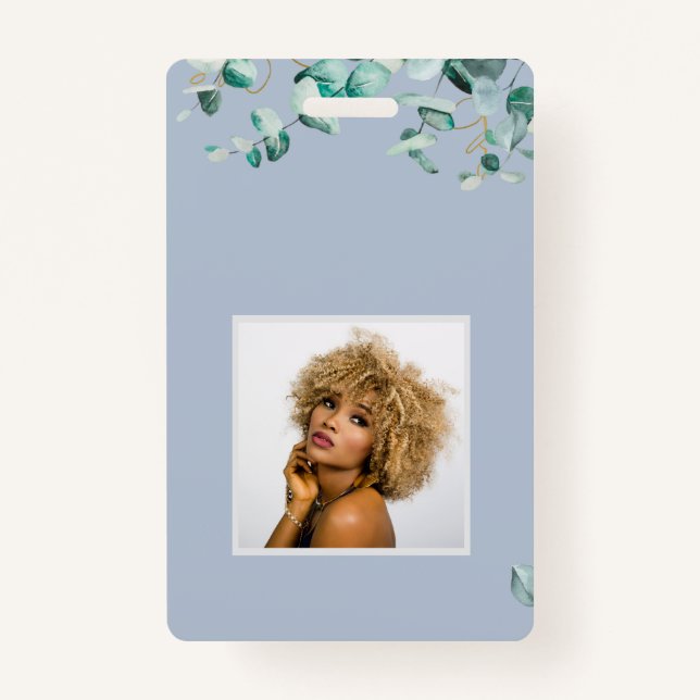 Create Your Own Dusty Blue Eucalyptus Leaves ID Badge (Front)