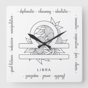Create Your Own Elegant Black & White Libra Zodiac Square Wall Clock