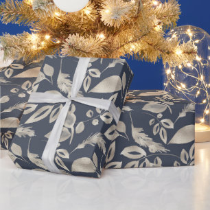 Create Your Own Elegant Blue & Gold Foliage Wrapping Paper