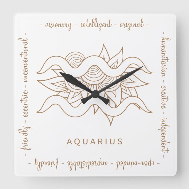 Create Your Own Elegant Gold & White Aquarius Square Wall Clock (Front)