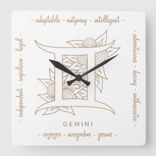 Create Your Own Elegant Gold & White Gemini Zodiac Square Wall Clock
